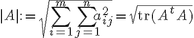 $|A|:=\sqrt{ \sum_{i=1}^m \sum_{j=1}^n a_{ij}^2 } = \sqrt{\text{tr}(A^t A)}$